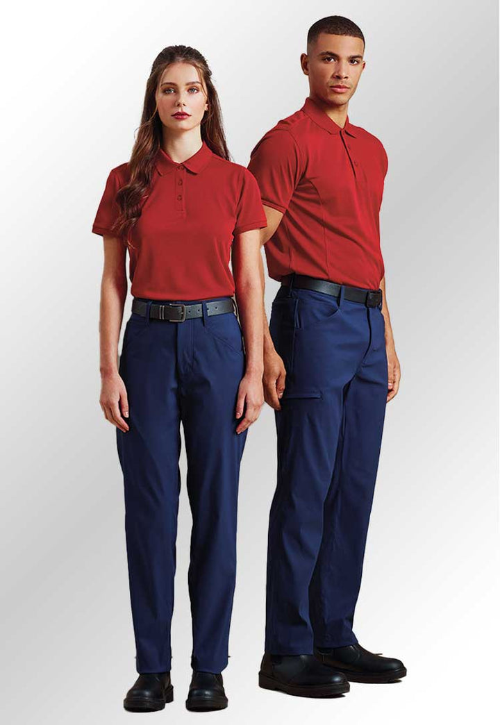 Two models wearing PR566 Stretchchecker Adapt Trousers in Navy