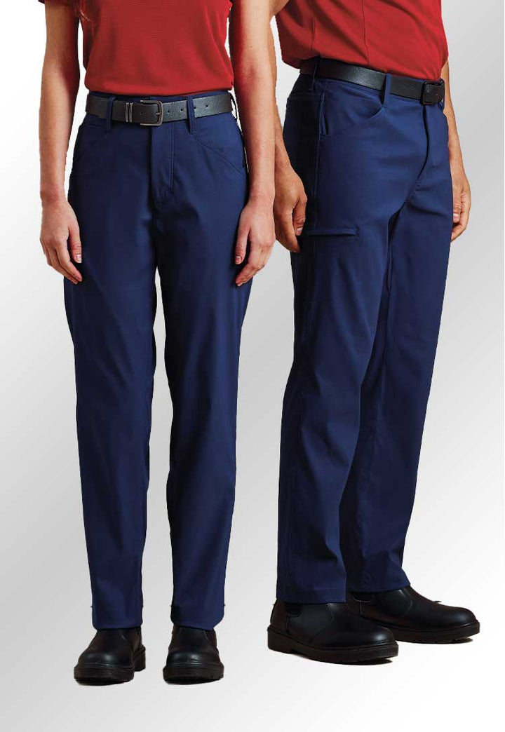 Two models wearing PR566 Stretchchecker Adapt Trousers in Navy