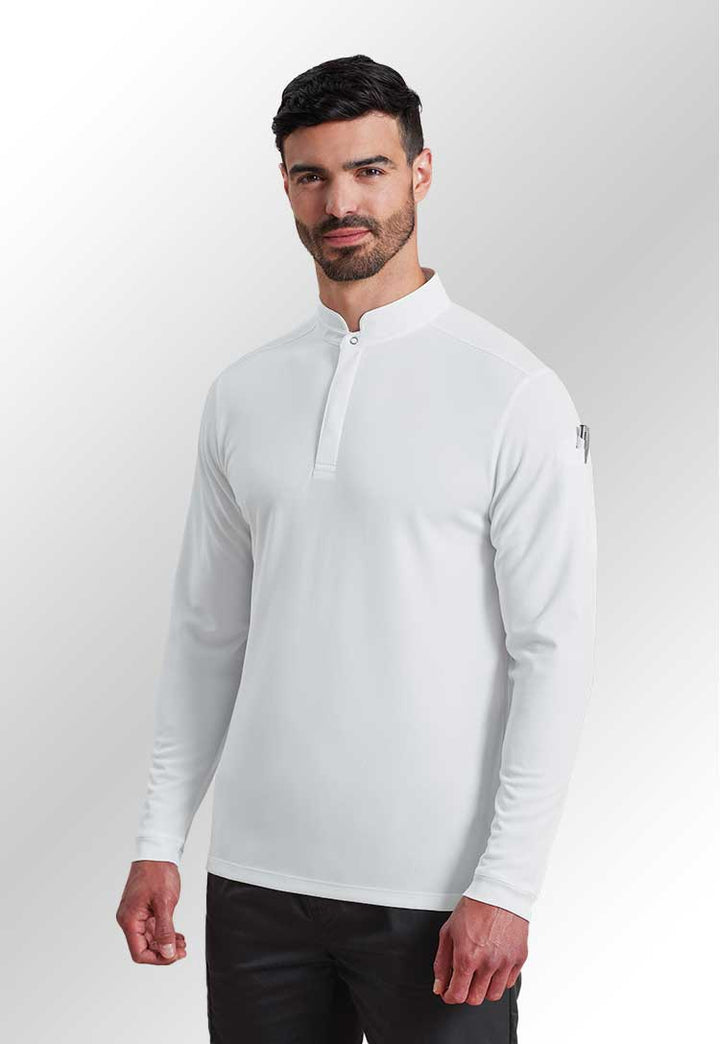 A model wearing a PR647 Essential Coolchecker long sleeve chef’s shirt in White