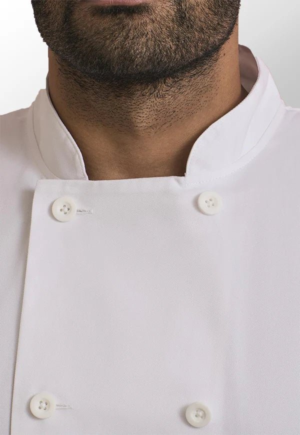 Front close-up of model wearing the Premier Short Sleeve Chef's Jacket PR656 in White.