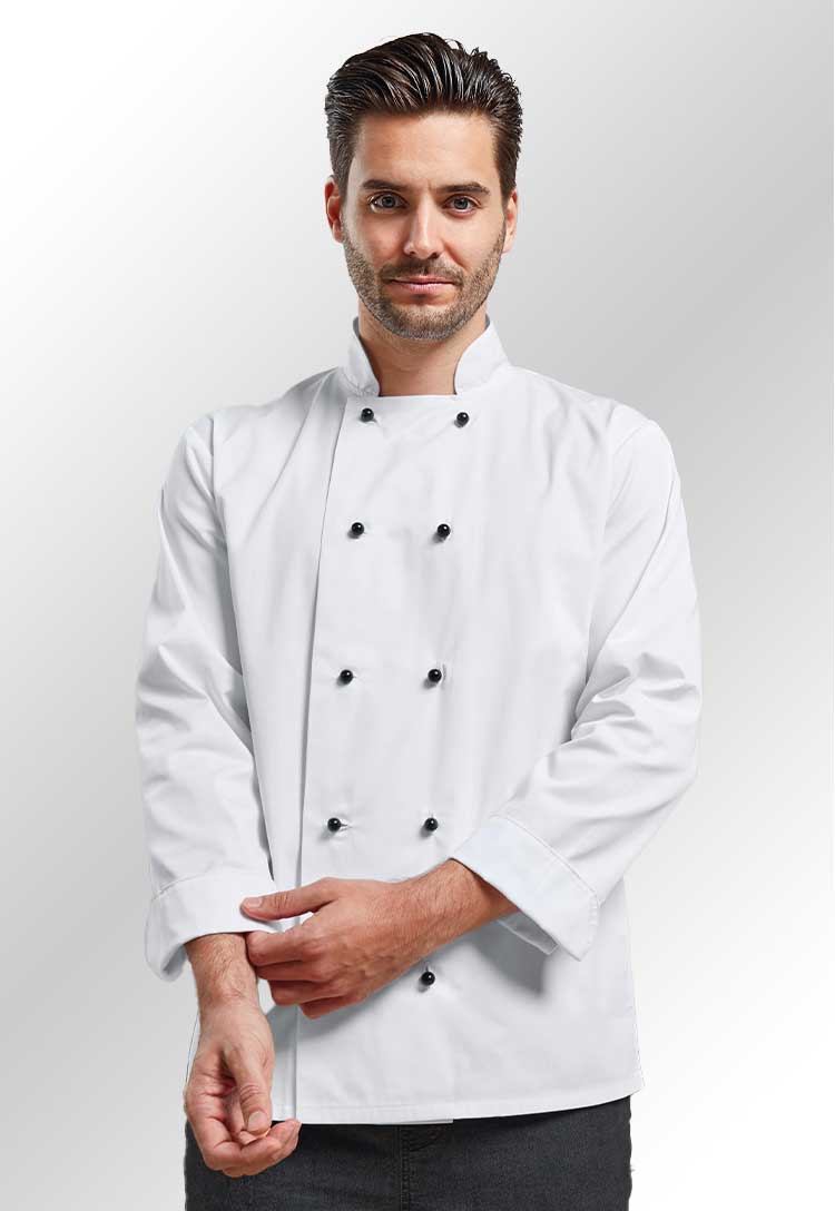 A model wearing a PR661 Cuisine Long Sleeve Chef's Jacket in White