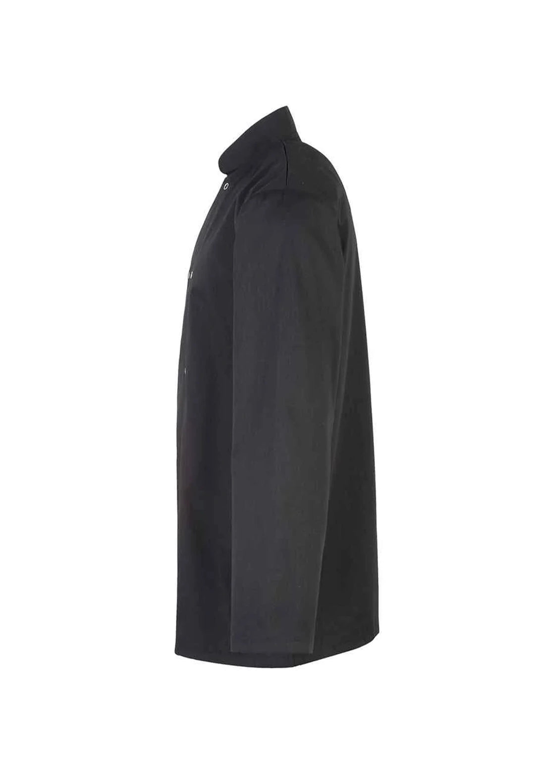 Side view of the Premier Studded Front Long Sleeve Chef's Jacket PR665 in Black.