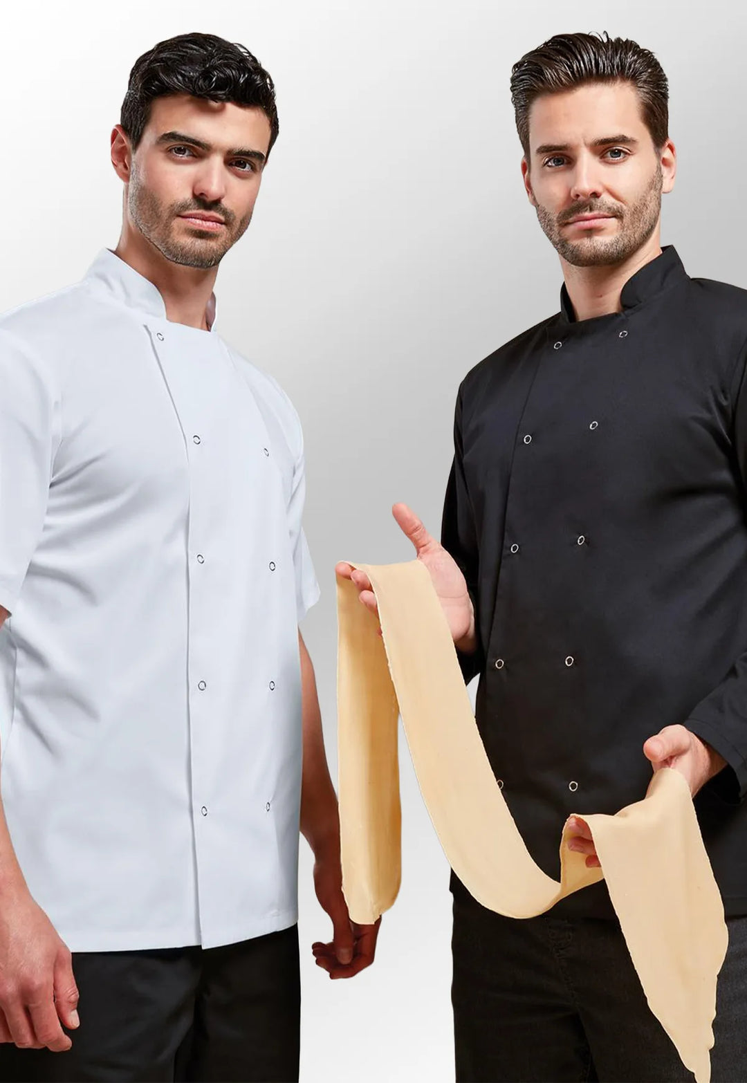 Models wearing the PR664 and PR665 Chef Jackets by Premier Workwear.