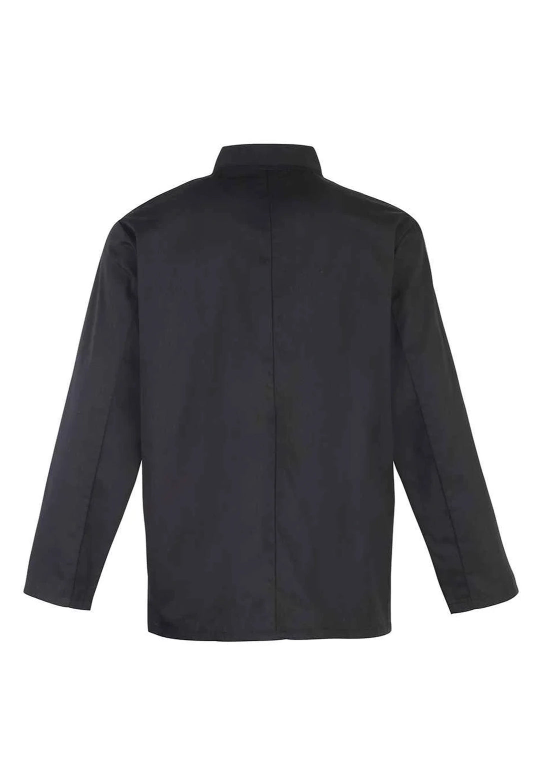 Rear view of the Premier Studded Front Long Sleeve Chef's Jacket PR665 in Black.