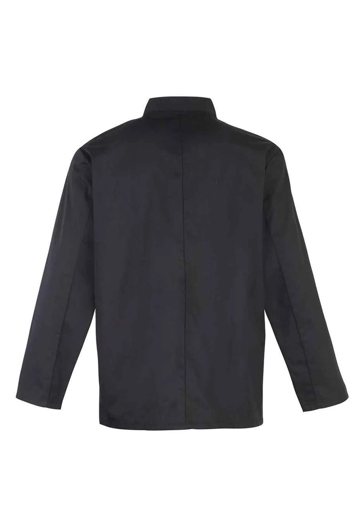 Rear view of the Premier Studded Front Long Sleeve Chef's Jacket PR665 in Black.