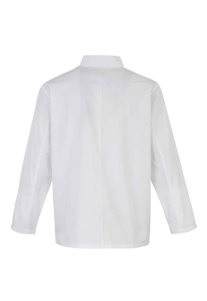 Rear view of the Premier Studded Front Long Sleeve Chef's Jacket PR665 in White.
