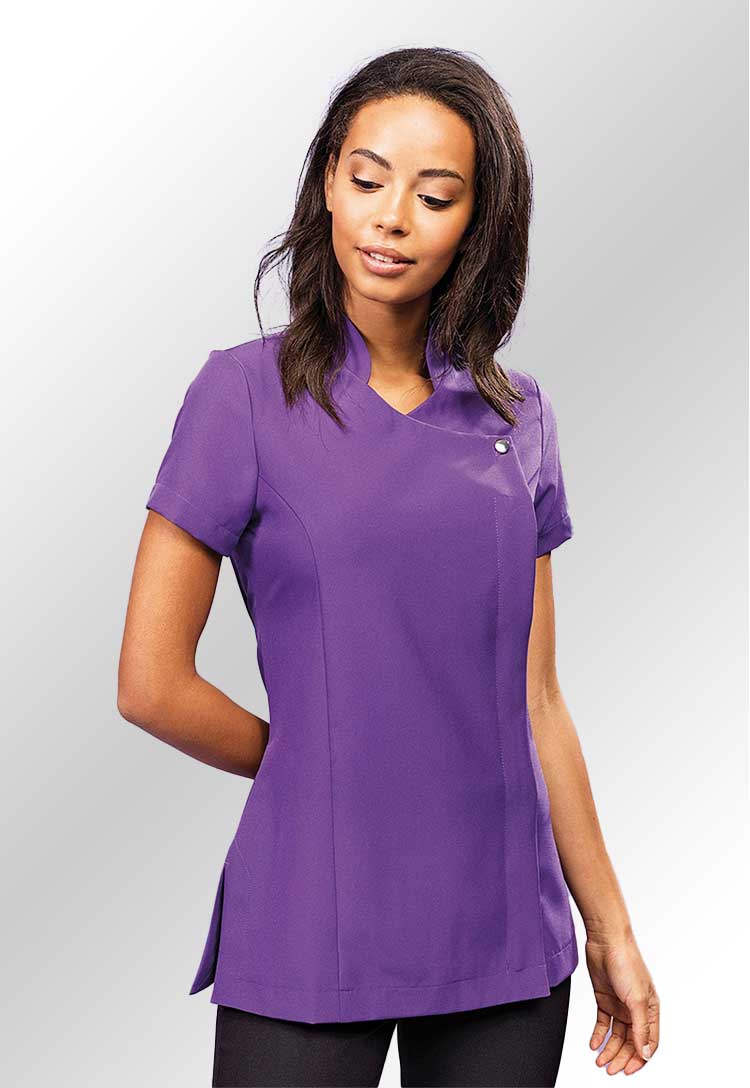 Model wearing a PR683 Blossom beauty and spa tunic in Purple