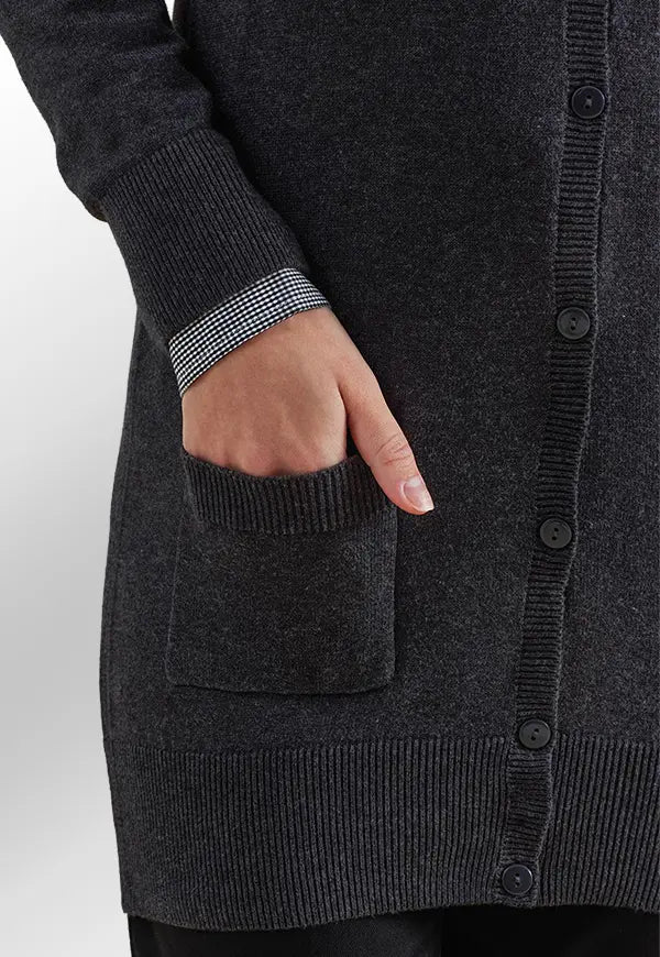 Close-up of the Women's Longline Knitted Cardigan in Charcoal.