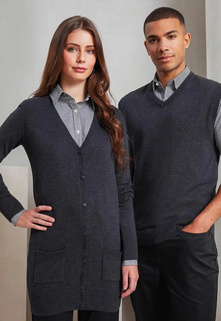 Lifestyle photo of model wearing the Women's Longline Knitted Cardigan in Charcoal.