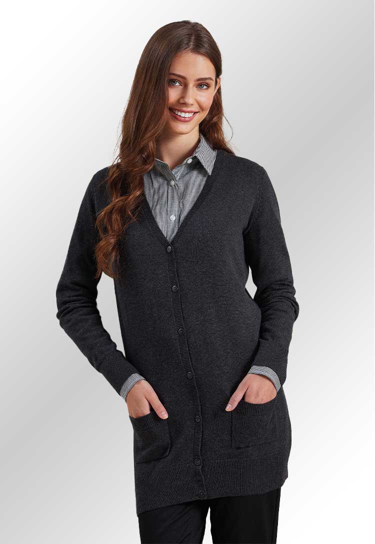 Model wearing PR698 Women's longline knitted cardigan in Charcoal