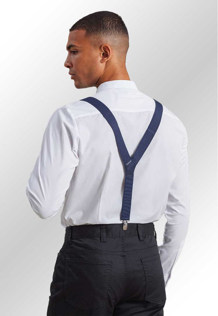 Model wearing PR701 Clip-On Trouser Braces in Navy