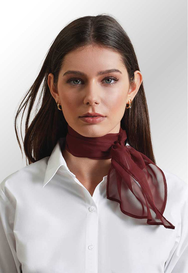 Model wearing a PR740 'Colours' Chiffon scarf in Burgundy