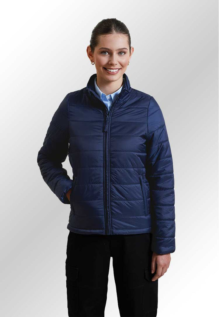 Model wearing PR819 Women’s ‘Recyclight’ padded jacket in Navy