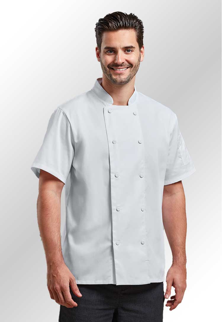 A model wearing a PR902 Chefs Coolchecker Short Sleeve Jacket in White