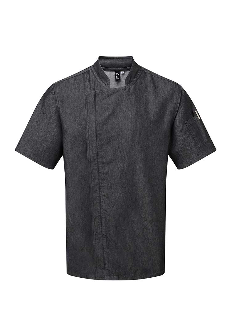 A PR906 Chef's Zip-Close Short Sleeve Jacket in Black Denim