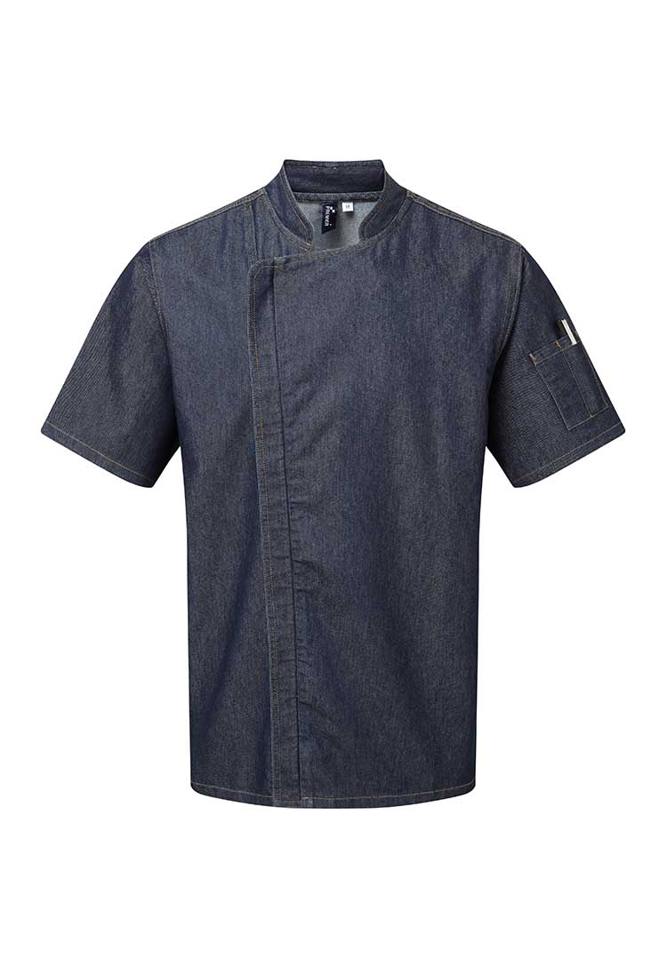 A PR906 Chef's Zip-Close Short Sleeve Jacket in Indigo Denim