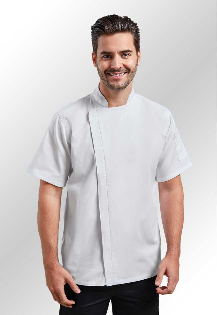 A model wearing PR906 Chef's Zip-Close Short Sleeve Jacket in White