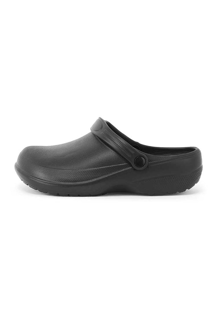 A pair of PR910 Chef's Non-Slip Anchor Clogs in Black from a side view