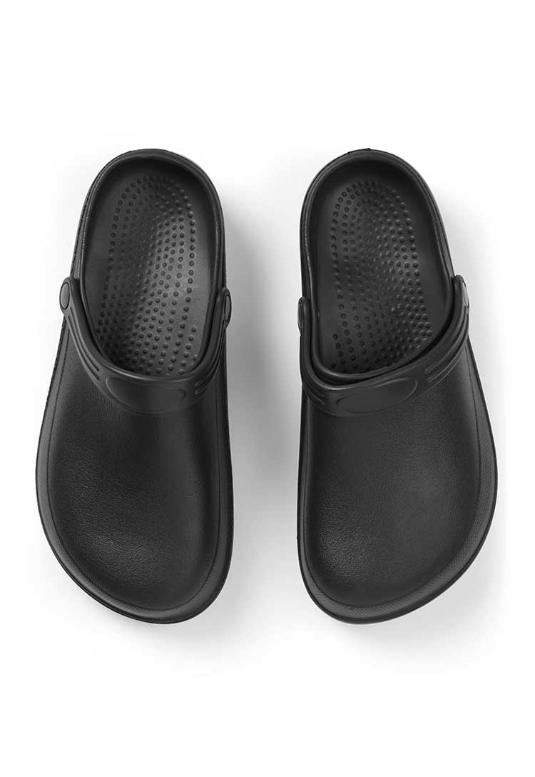 A pair of PR910 Chef's Non-Slip Anchor Clogs in Black from an aerial view