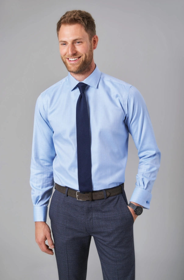 Model wearing the Prato Blue Herringbone Men's Shirt