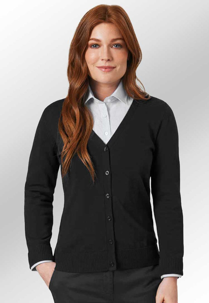 Clip of model wearing the Brook Taverner Augusta V Neck Cardigan in black