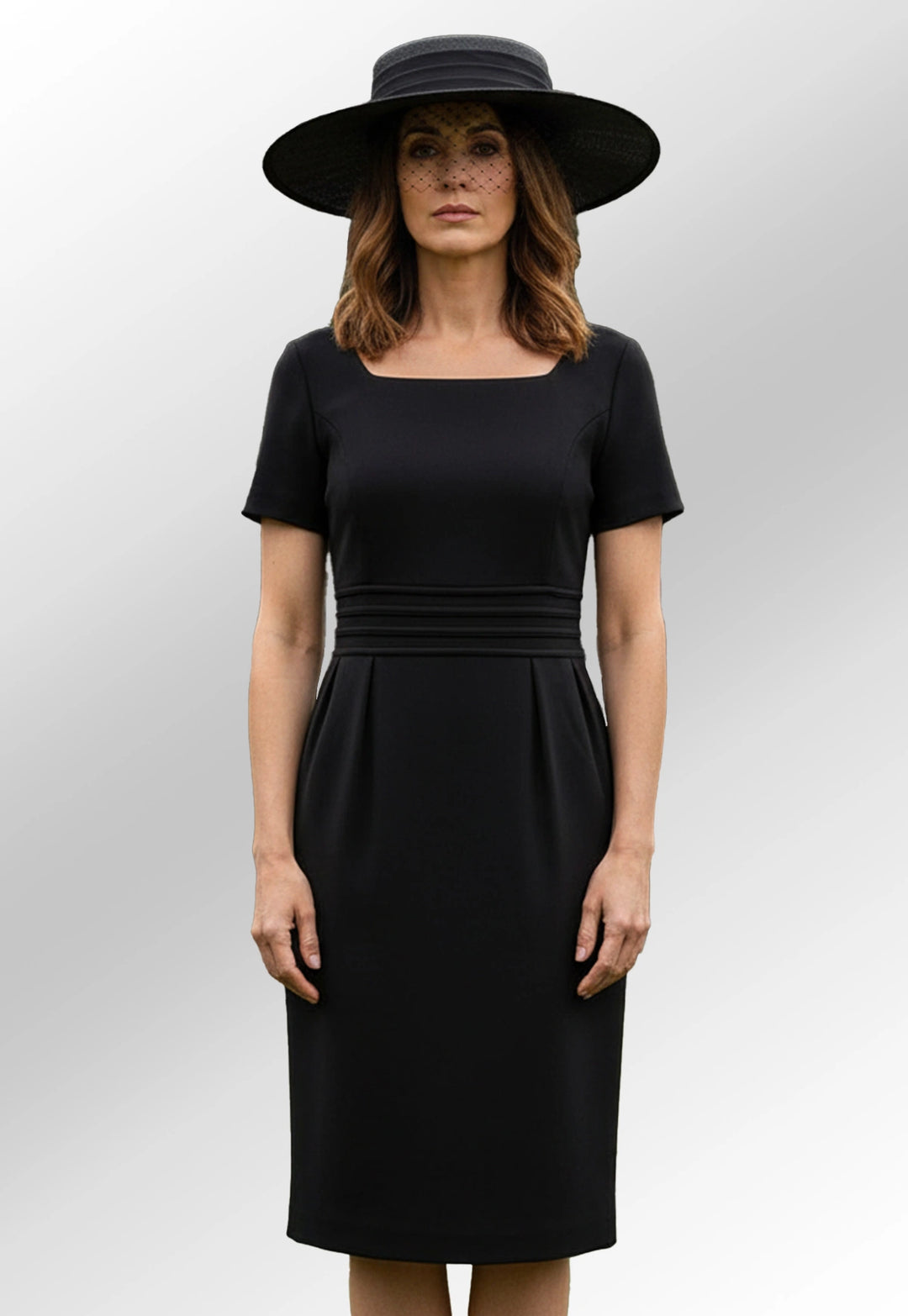 Clip of Model Wearing the Bordeaux Satin stripe funeral Dress 2347 in Black