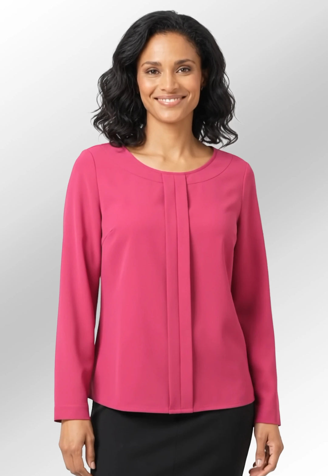 Video clip of model wearing the Roma Crepe De Chine Blouse in Fuchsia.