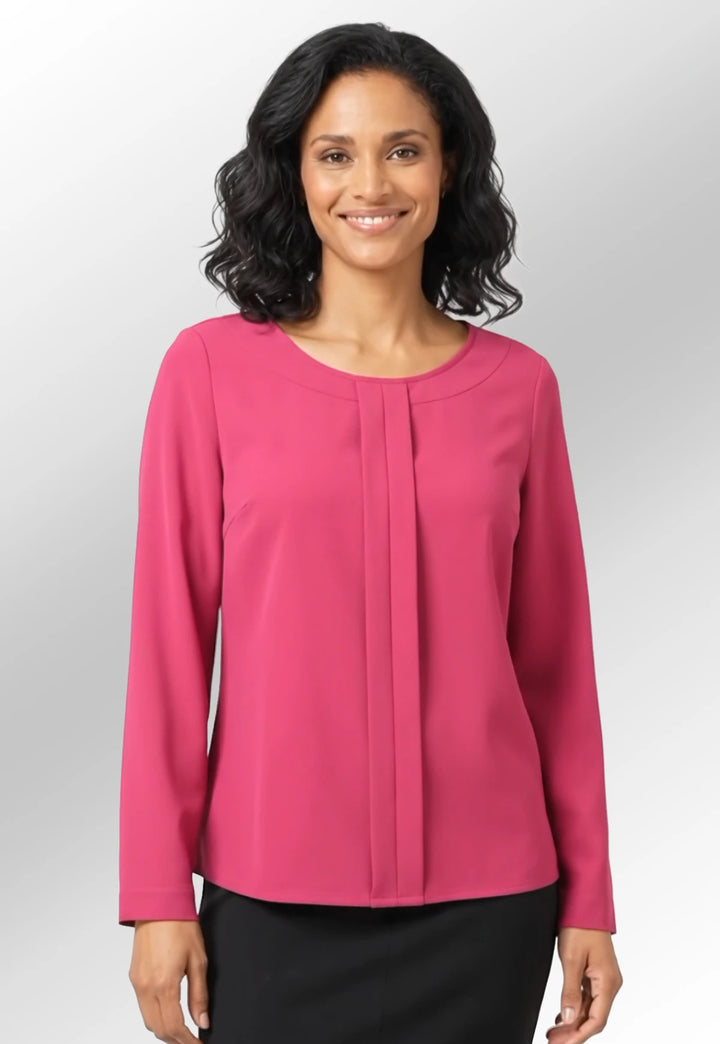 Video clip of model wearing the Roma Crepe De Chine Blouse in Fuchsia.