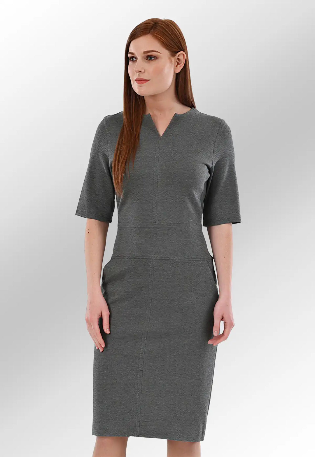 Clip of Model Wearing Celeste Jersey Stretch Dress 2365 in Grey