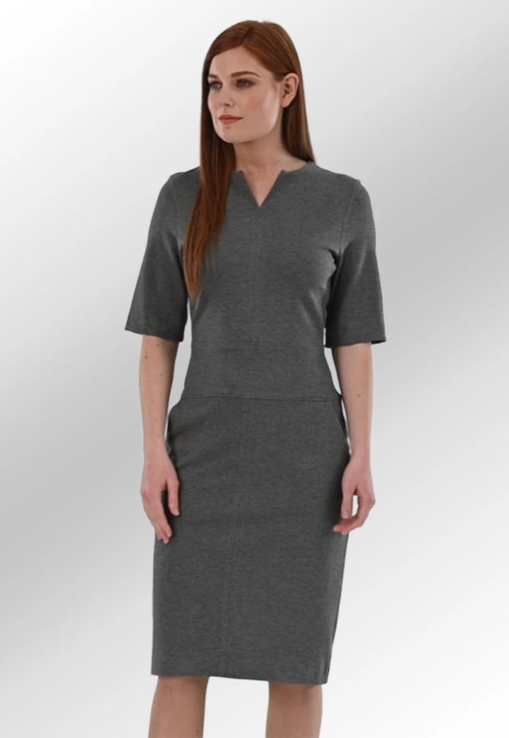 Clip of Model Wearing Celeste Jersey Stretch Dress 2365 in Grey