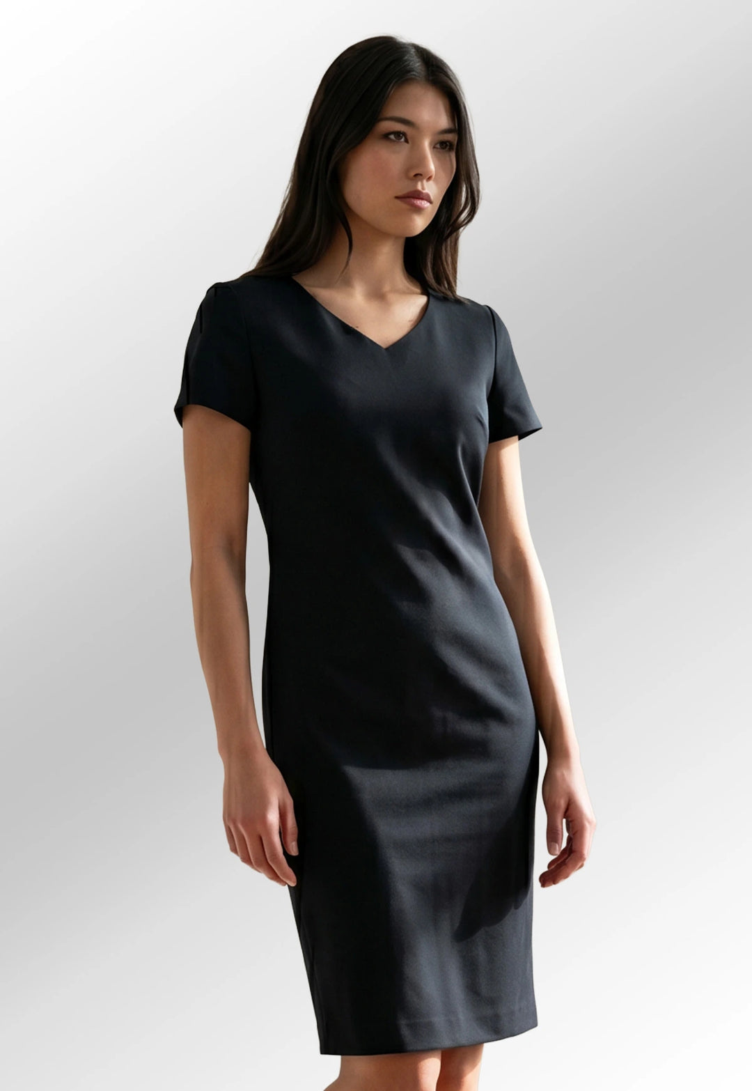 Clip of Model Wearing the Corinthia  V-Neck Dress 2246 in Black