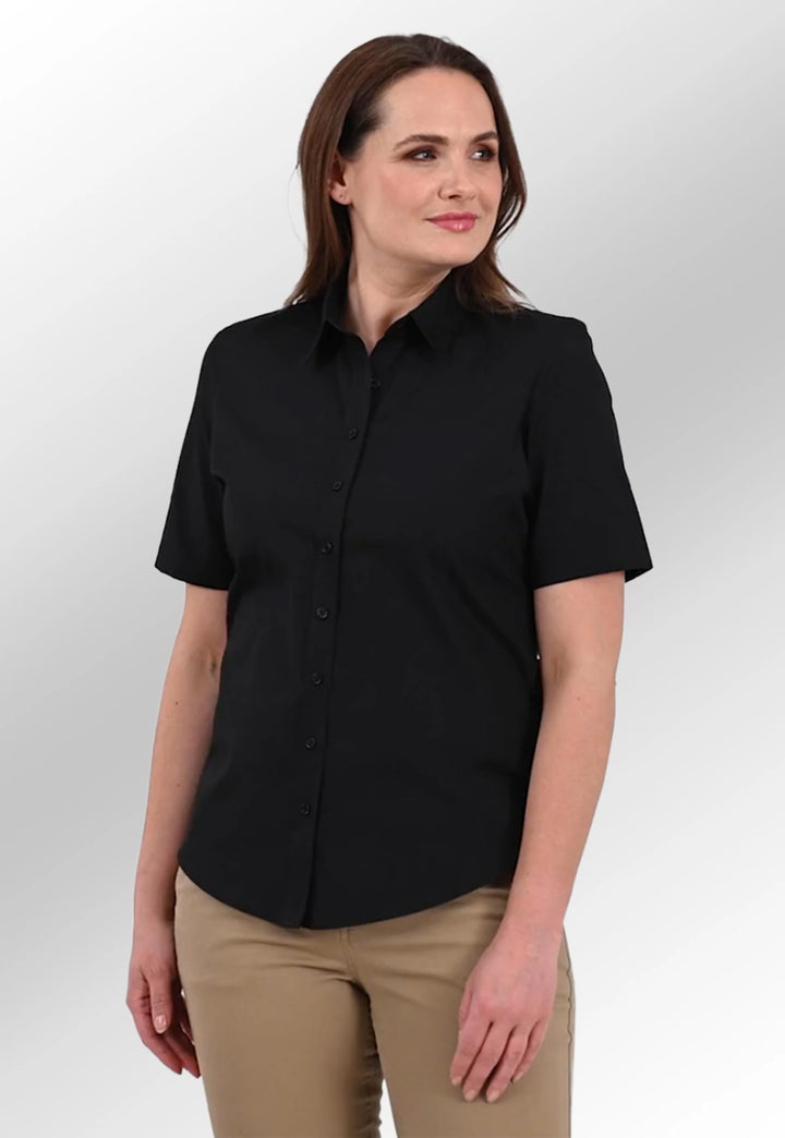 Model showcasing black Eos short sleeve work shirt