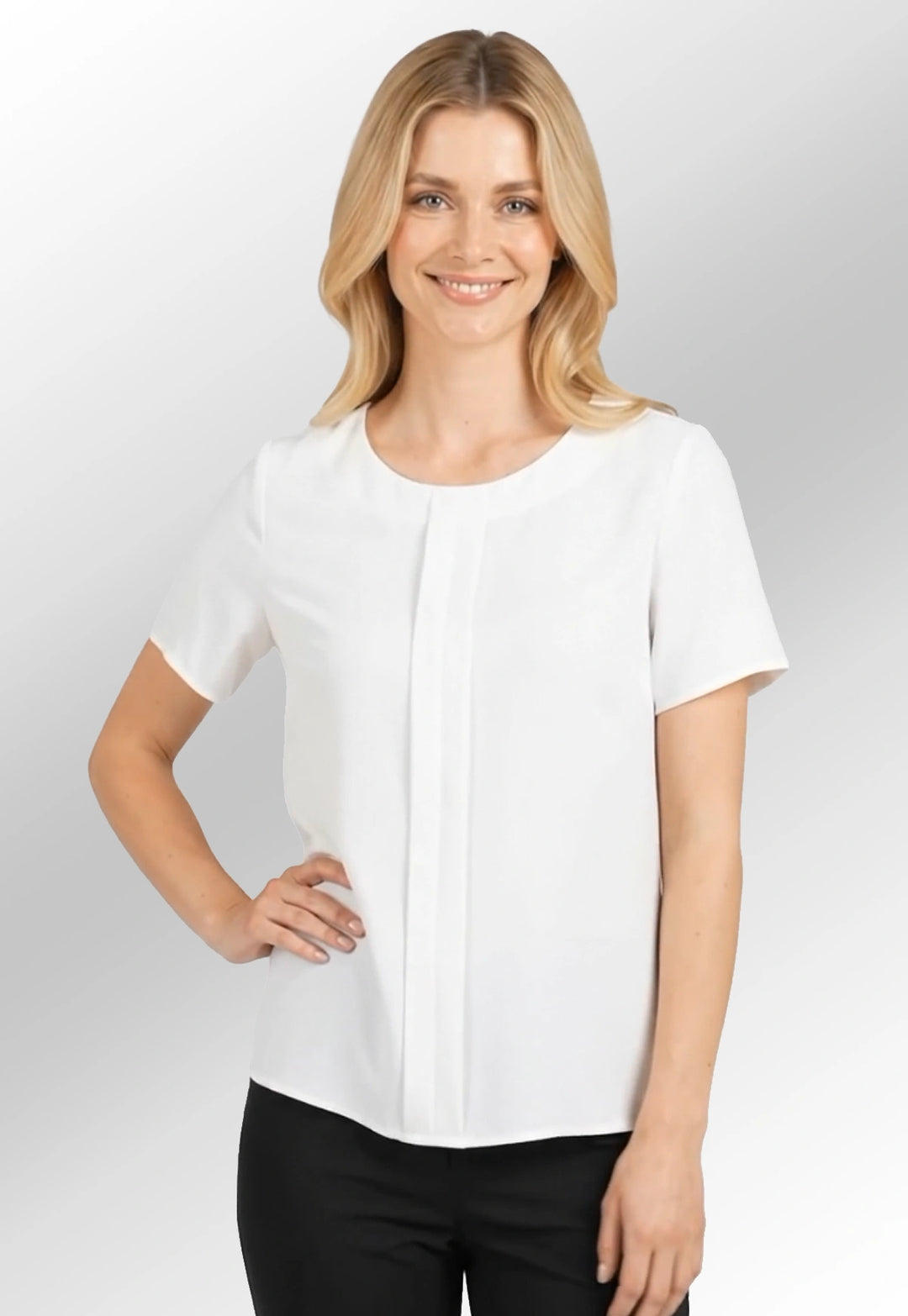 Video of model wearing the felina crepe de chine blouse in white