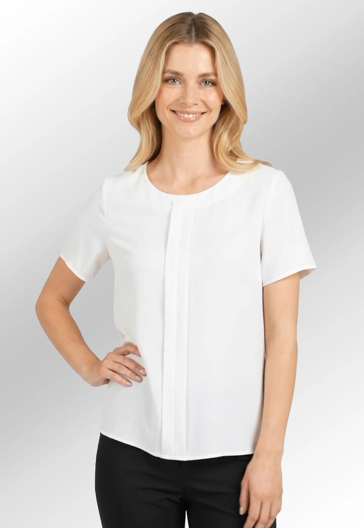 Video of model wearing the felina crepe de chine blouse in white