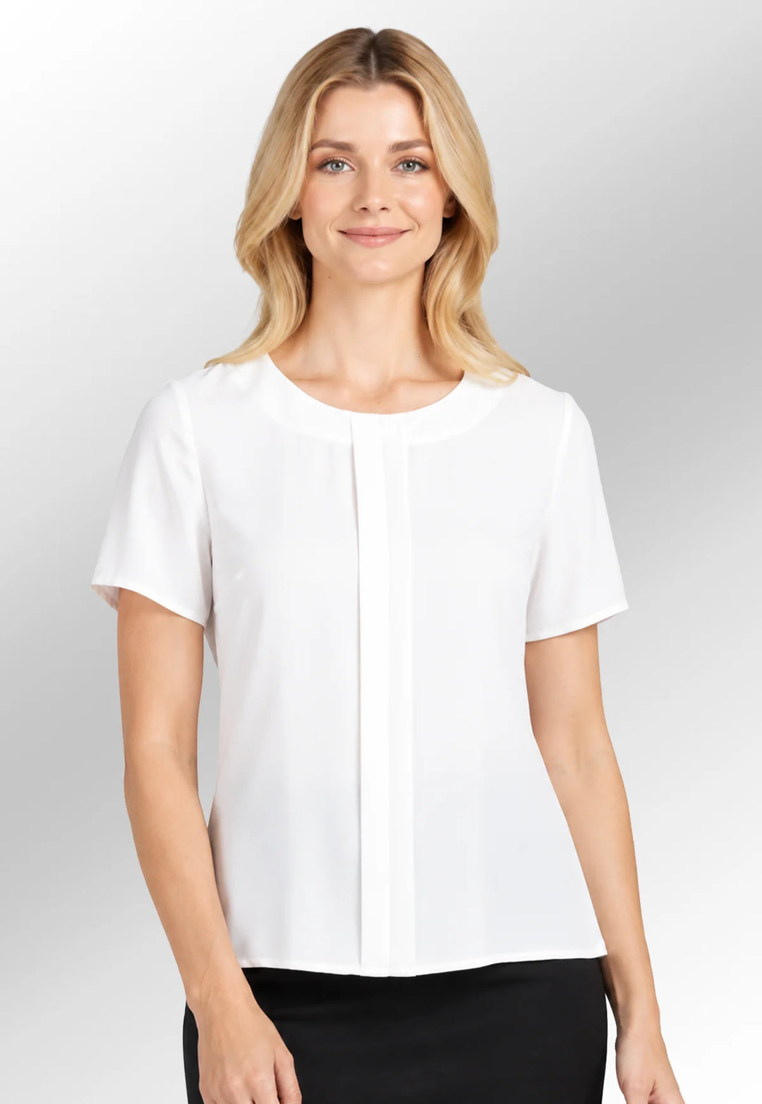 Video of model wearing the felina crepe de chine blouse in white