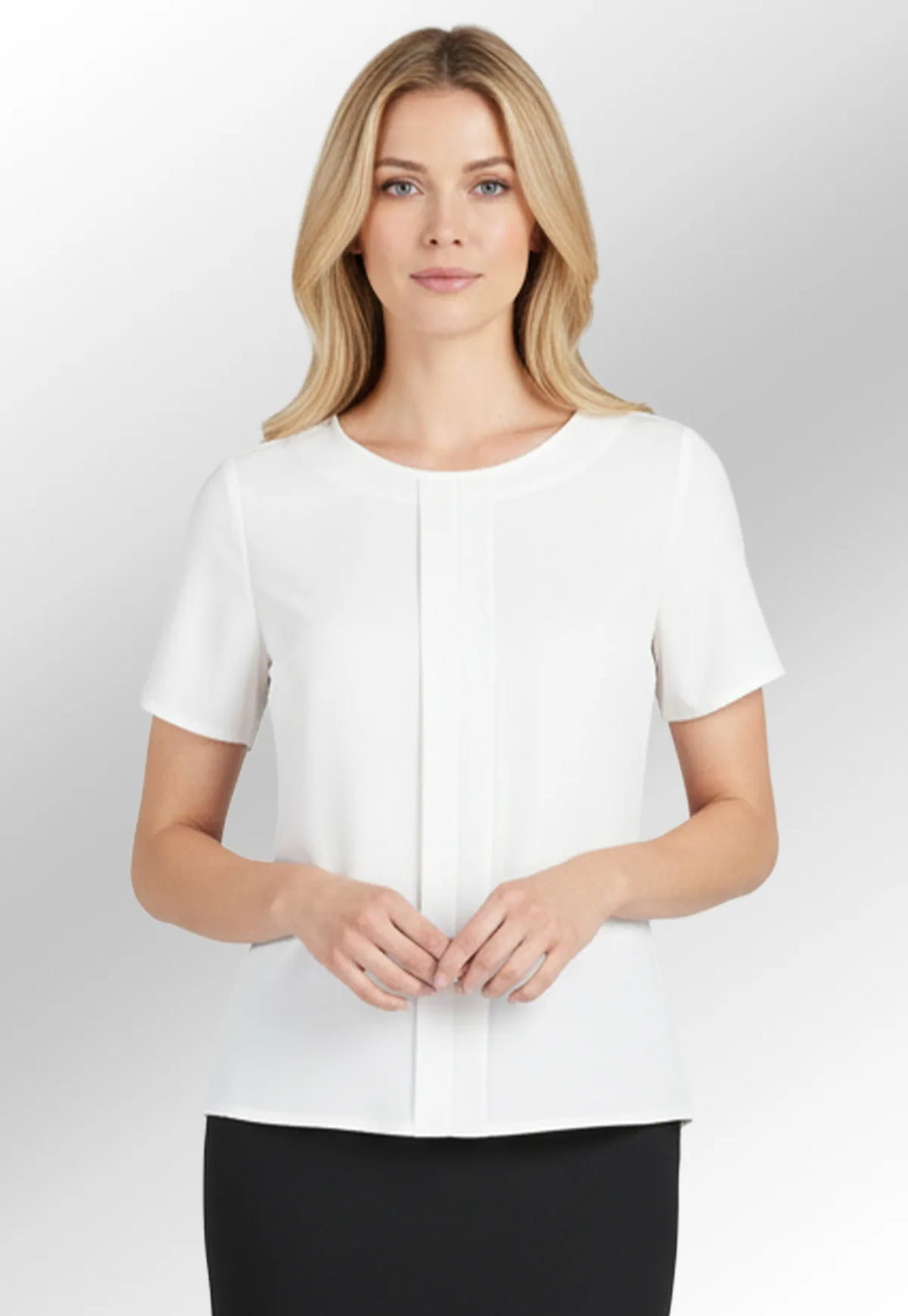 Video of model wearing the felina crepe de chine blouse in white