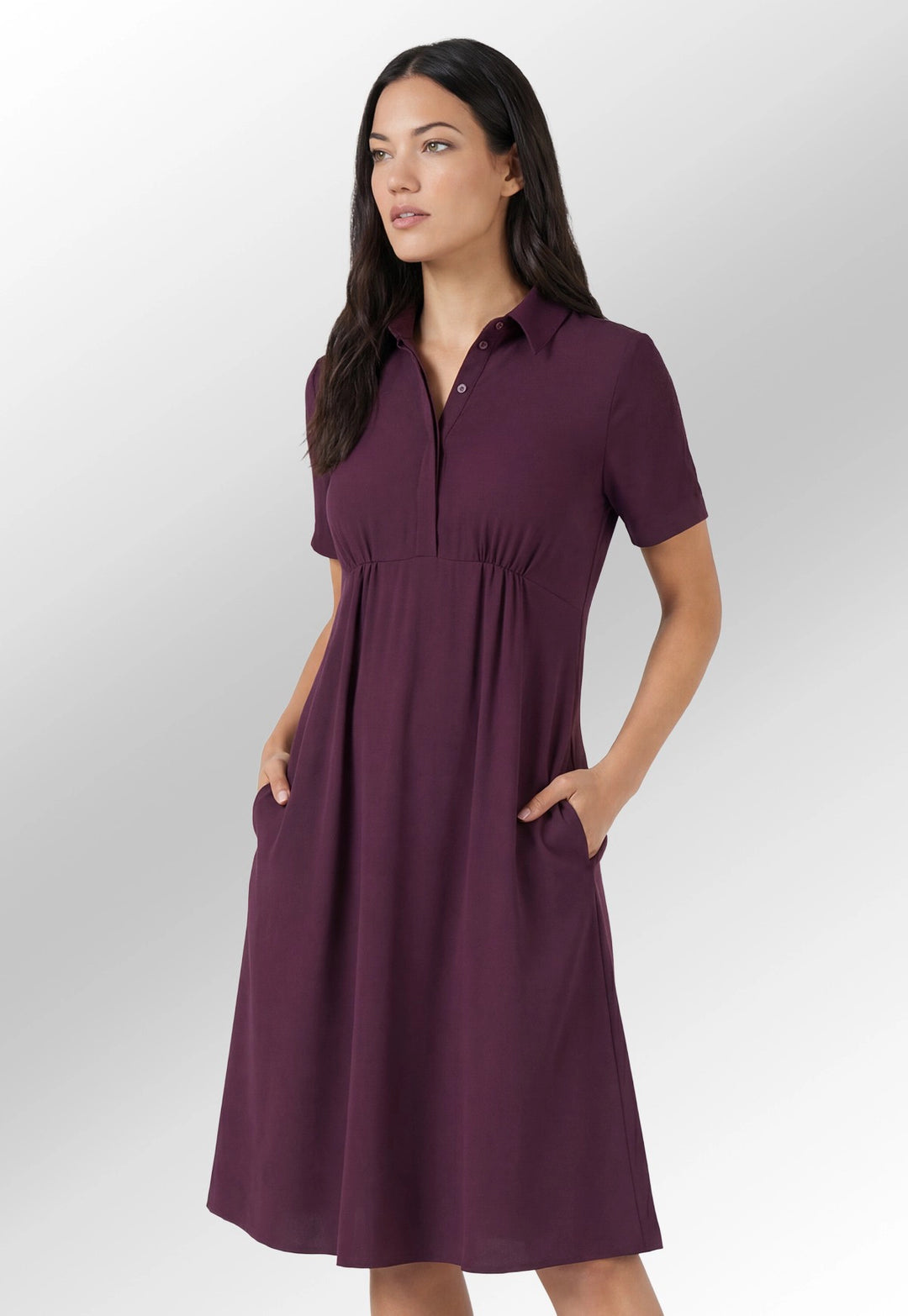 Video of model wearing the Brook Taverner Gemini Shirt Dress in Burgundy