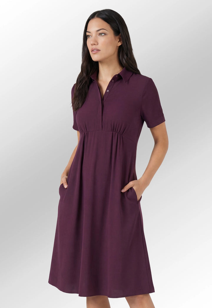 Video of model wearing the Brook Taverner Gemini Shirt Dress in Burgundy