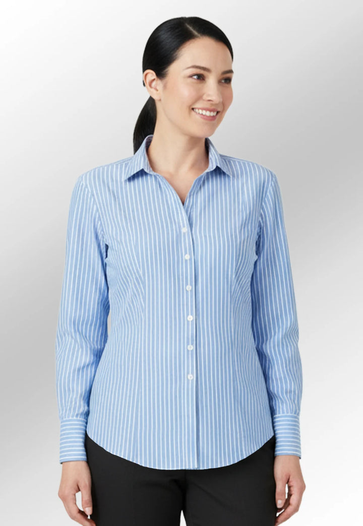 Clip of model wearing the Brook Taverner Perano Shirt in Blue/White stripe