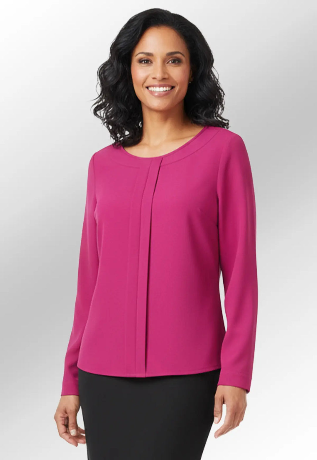 Model wearing the Roma Crepe De Chine Blouse in Fuchsia