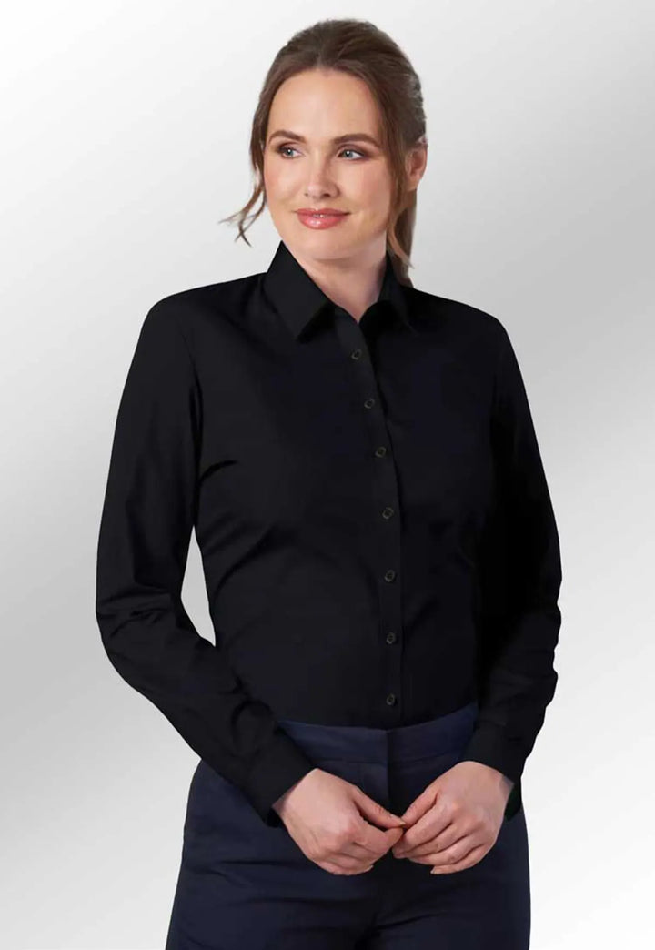 Model wearing the Brook Taverner Selene Ladies Shirt in black