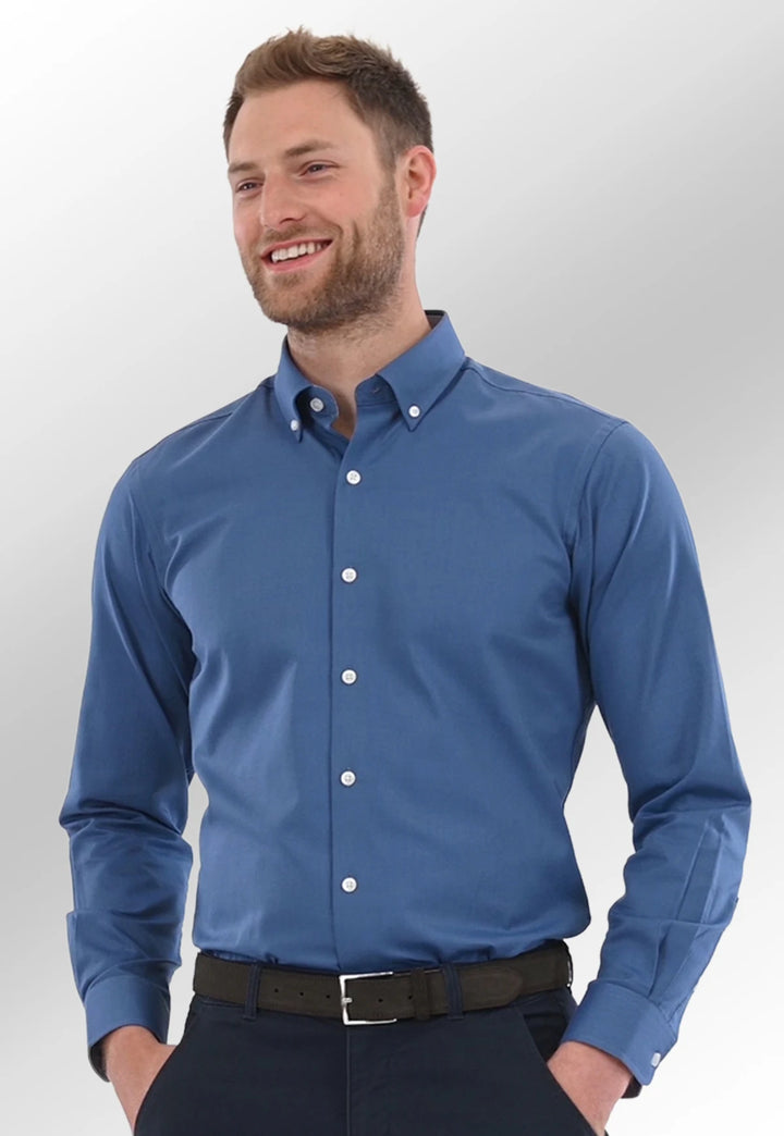 Model wearing the Brook Taverner Toronto Men's Shirt in Blue