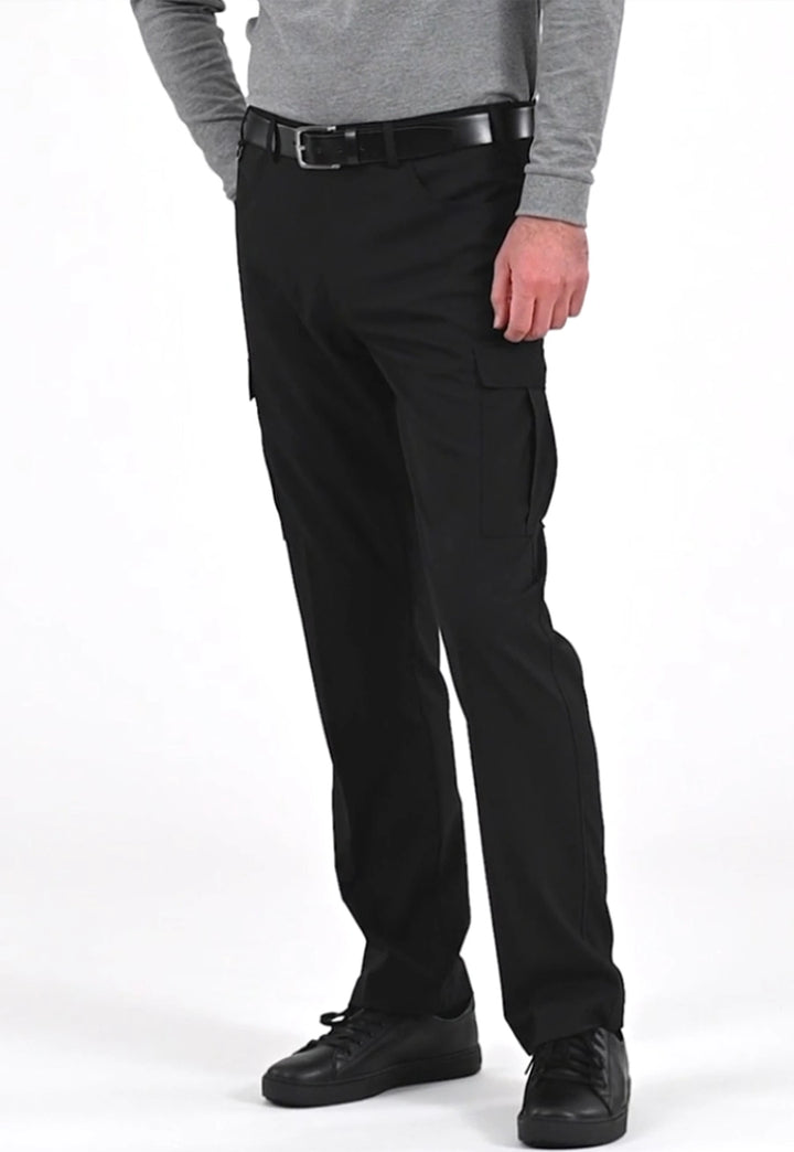 Video of model wearing the Tours Tailored Fit Cargo Trousers in Black.