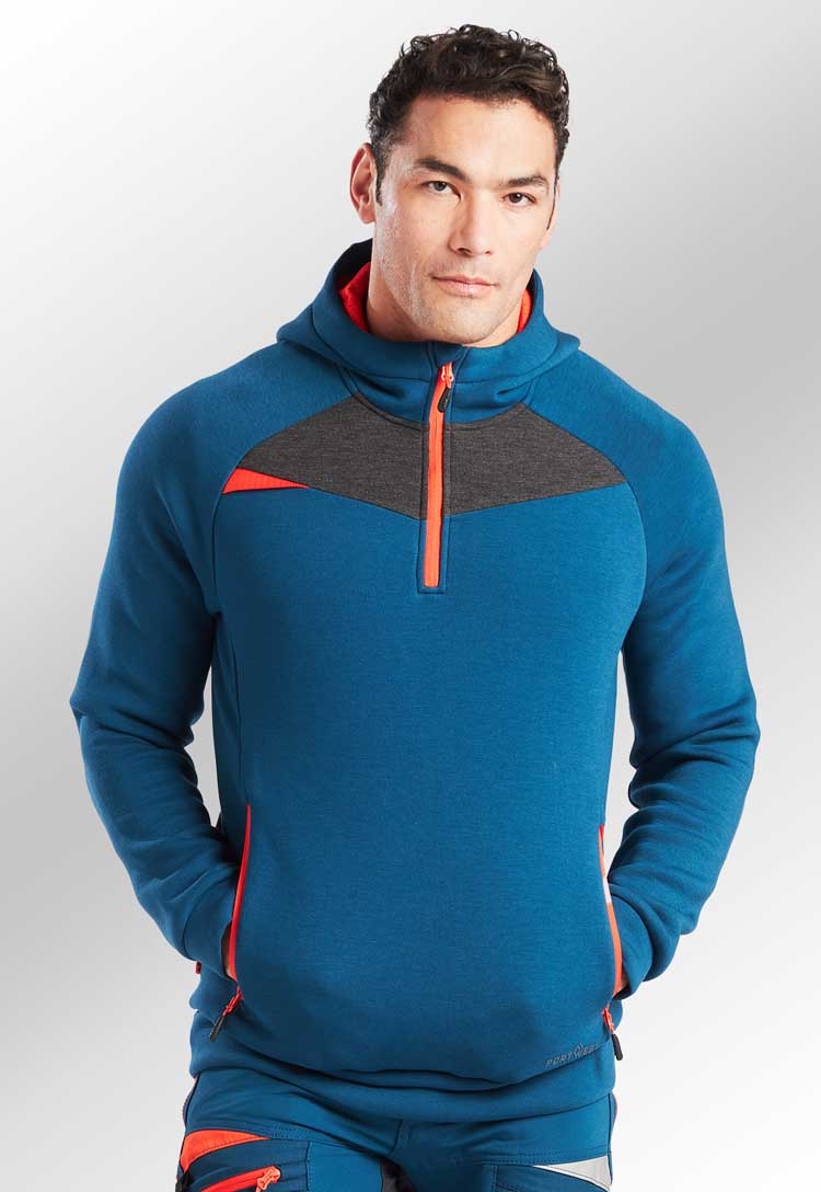 Model Wearing DX4 Quarter Zip Hoodie DX467 in Metro Blue