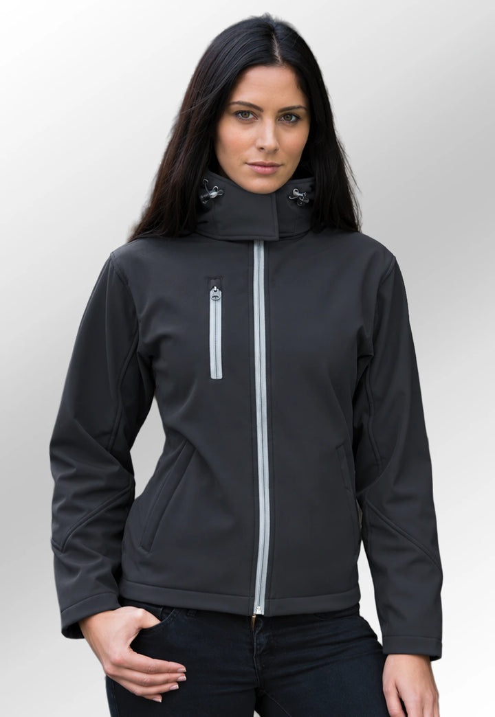 Model wearing the Women's Core TX Performance Hooded Softshell Jacket in Black/Grey.