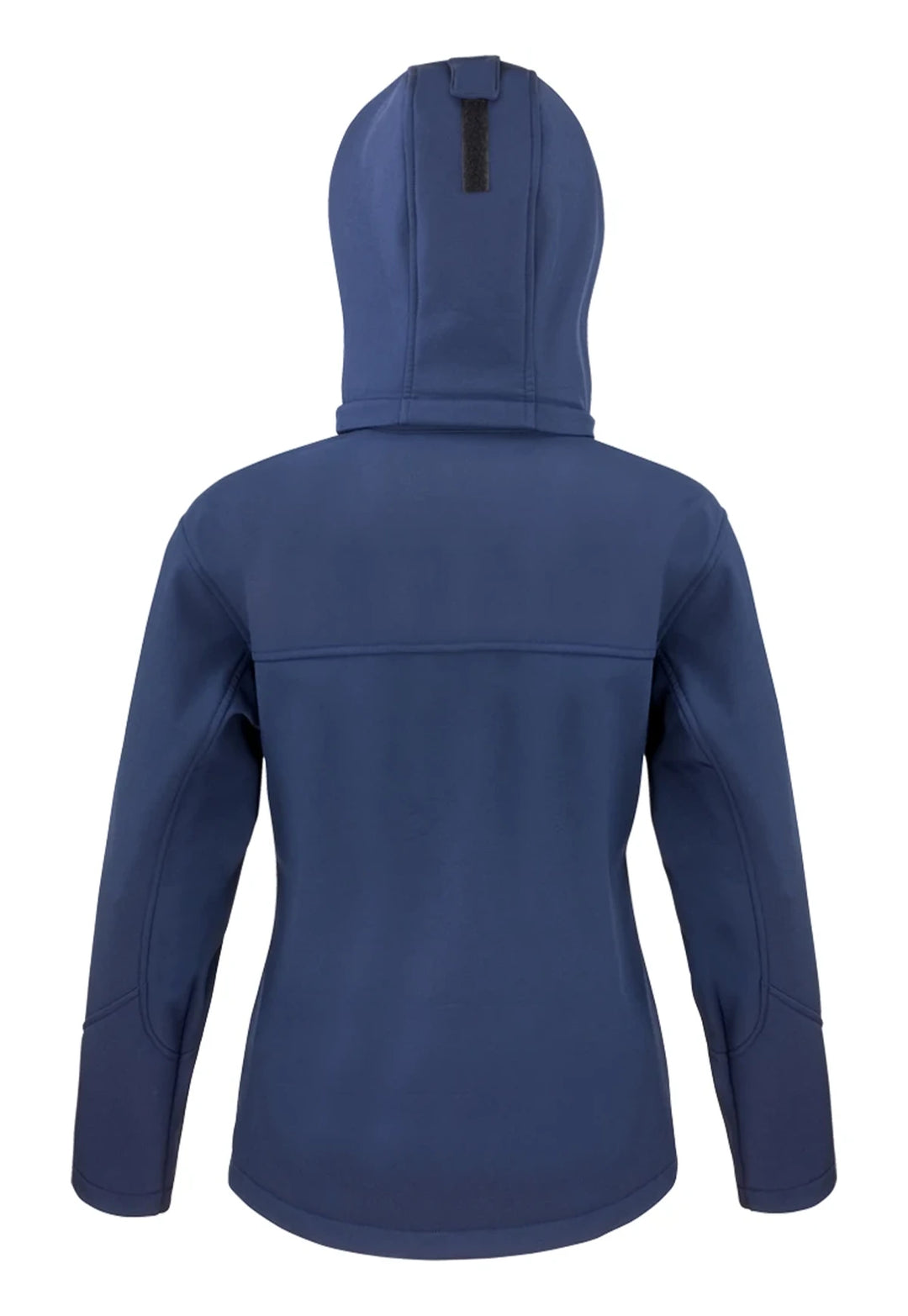 Rear view of the Women's Core TX Performance Hooded Softshell Jacket in Navy.