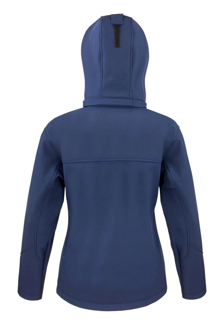 Rear view of the Women's Core TX Performance Hooded Softshell Jacket in Navy.