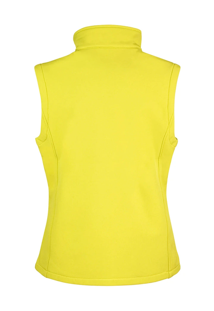Rear view of the Ladies Printable Softshell Bodywarmer R232F in Black/Yellow.