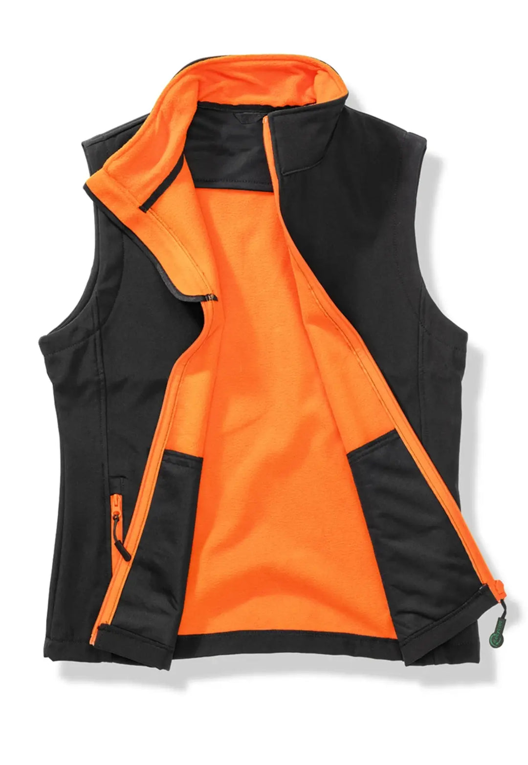Interior view of the Ladies Printable Softshell Bodywarmer R232F in Black/Orange.