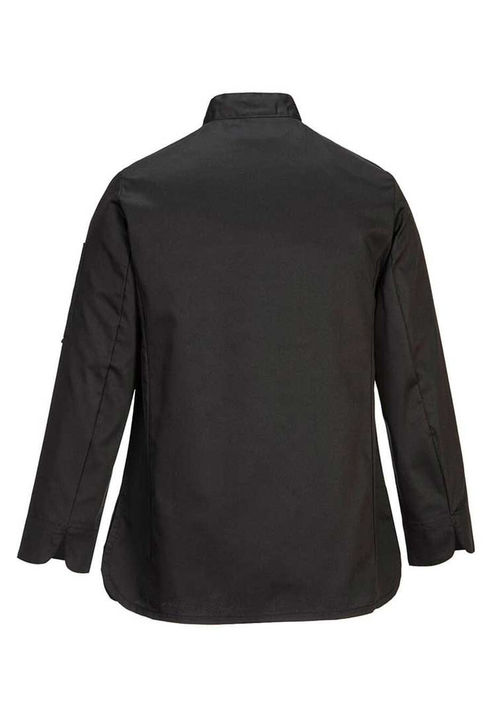 Back View of Women's Chefs Jacket Long Sleeve Rachel C837 in Black